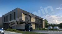 Wizualizacja hali magazynowej z&nbsp;biurowcem dla firmy Agmamito, Amwin